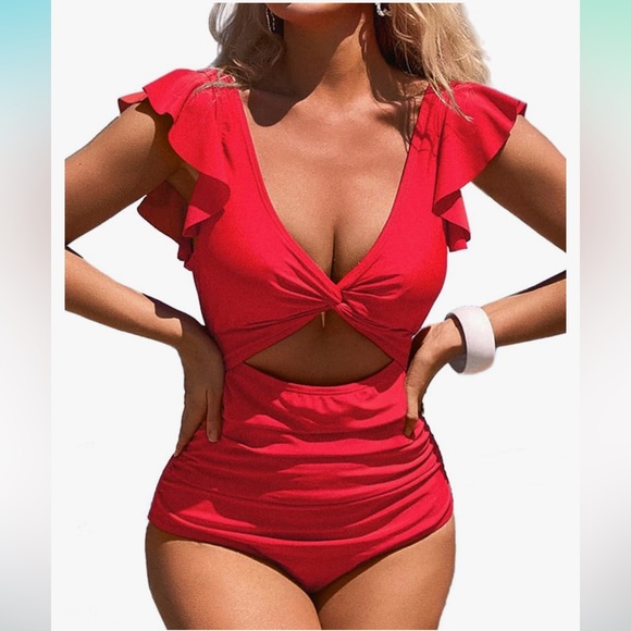 Amazon Other - New With Tags Amazon Red Ruffled Sleeve Swimsuit With Front Cutout Size S UPF 50